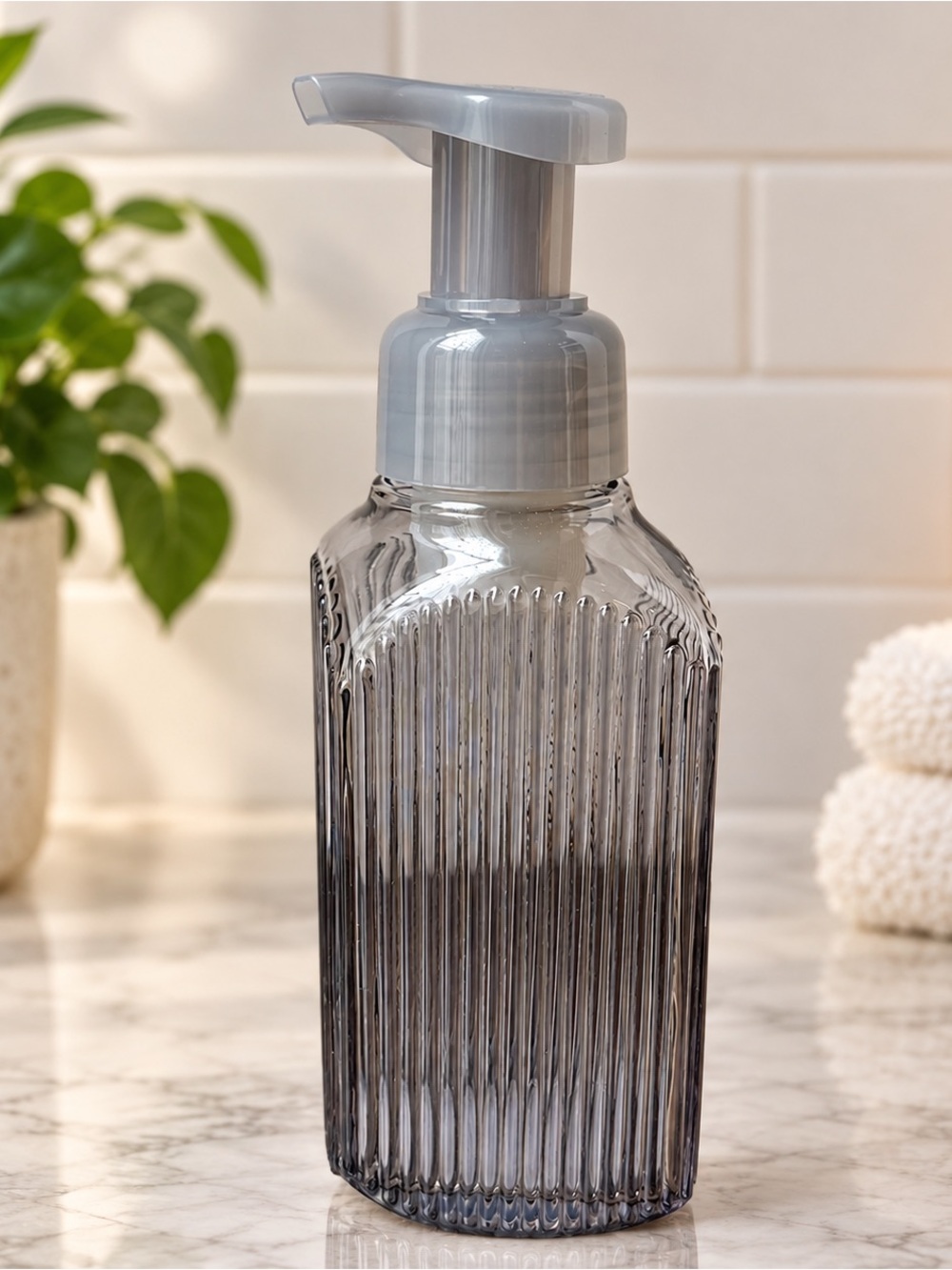 Bath & Body Works NWT Gray Vertical Lines Glass Foaming Soap Dispenser 10oz